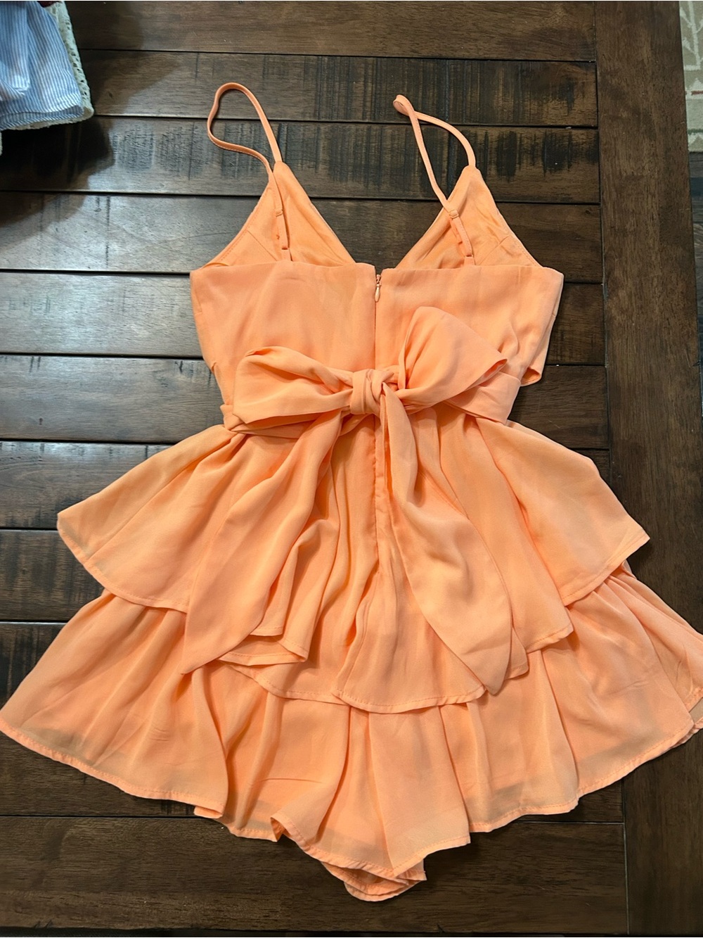 Blue Rain Peach Tiered Bow Romper